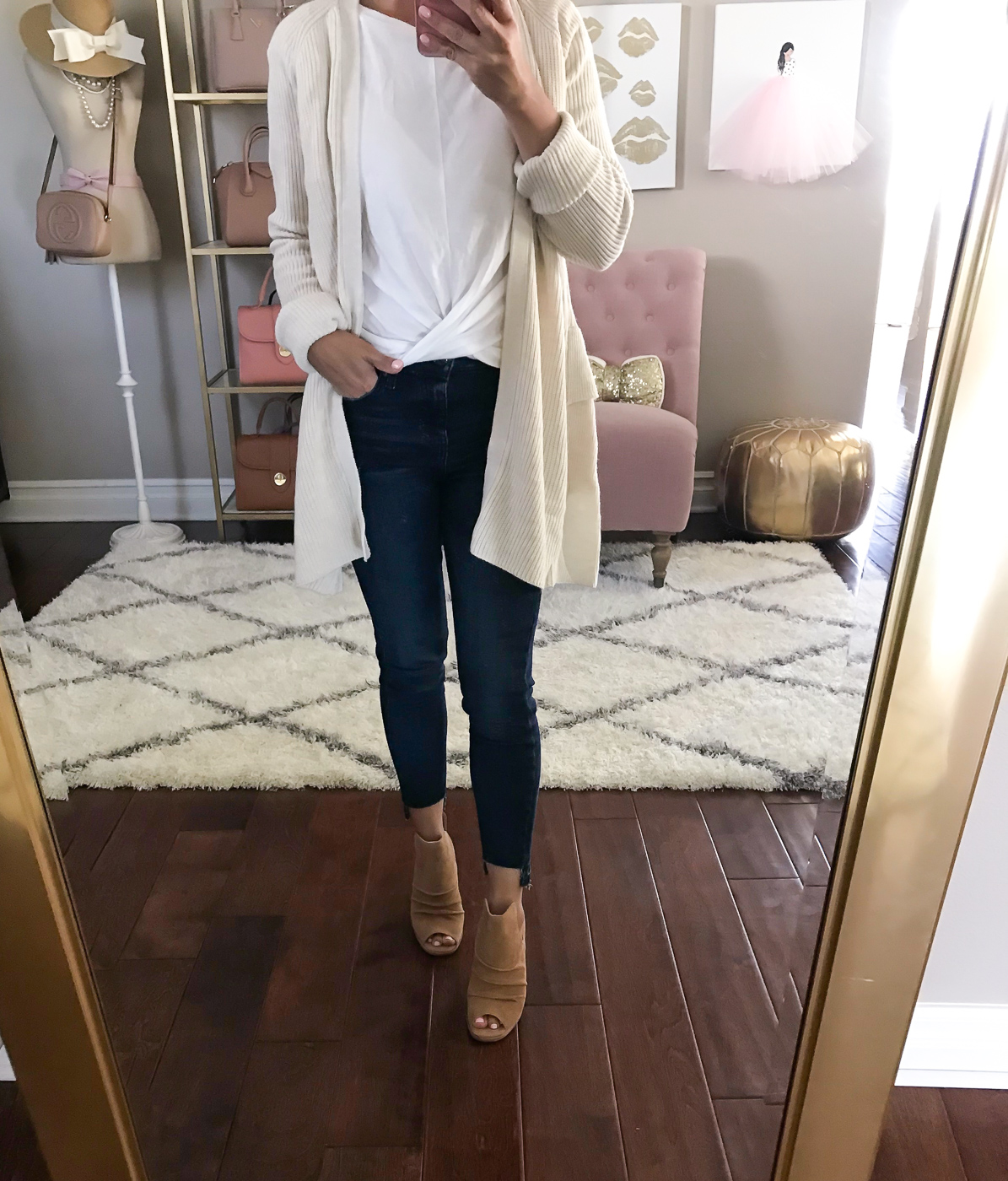 neutral outfit idea twist front tee ruffle back cardigan peep toe camel booties petite jeans