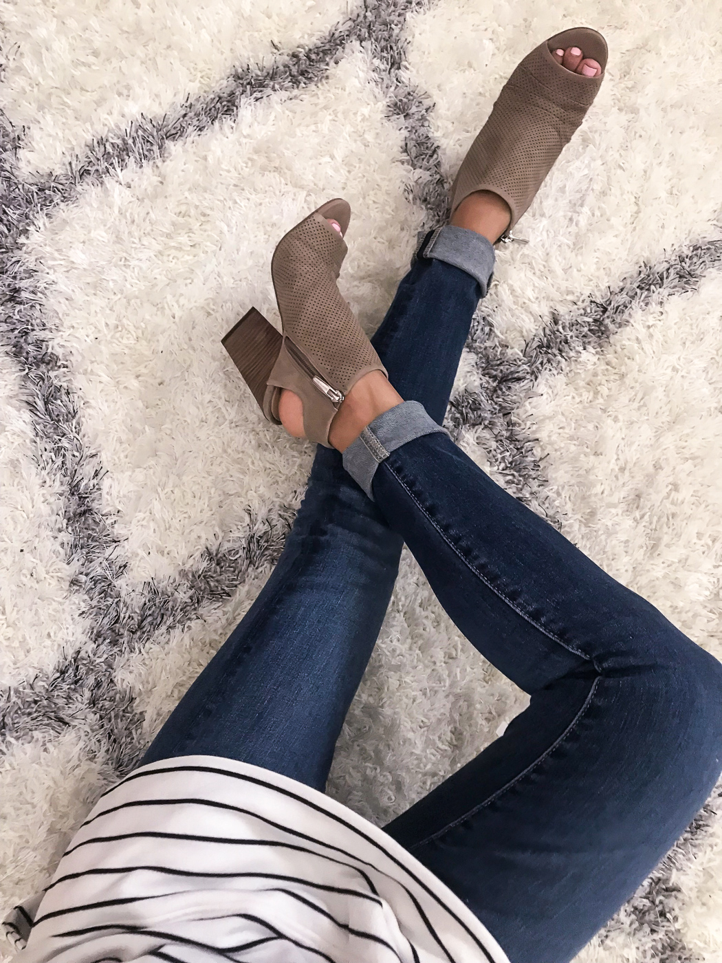 open toe sandals petite jeans striped sweatshirt fall outfit