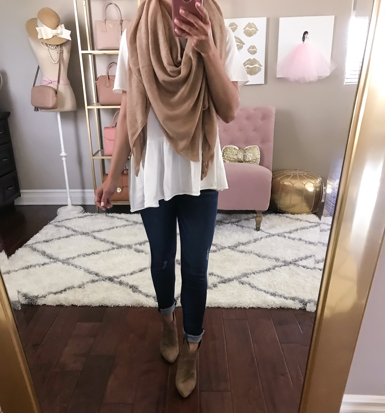 camel scarf white peplum tee ankle booties fall outfit