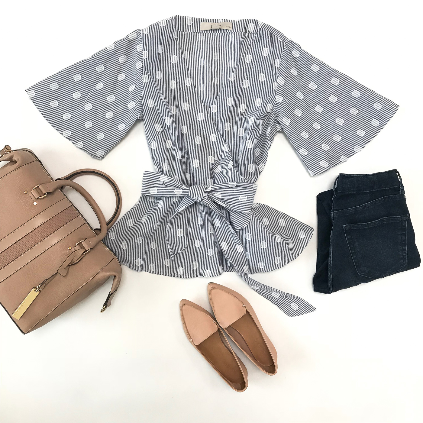 polka dot wrap top blush loafers blush satchel casual outfit