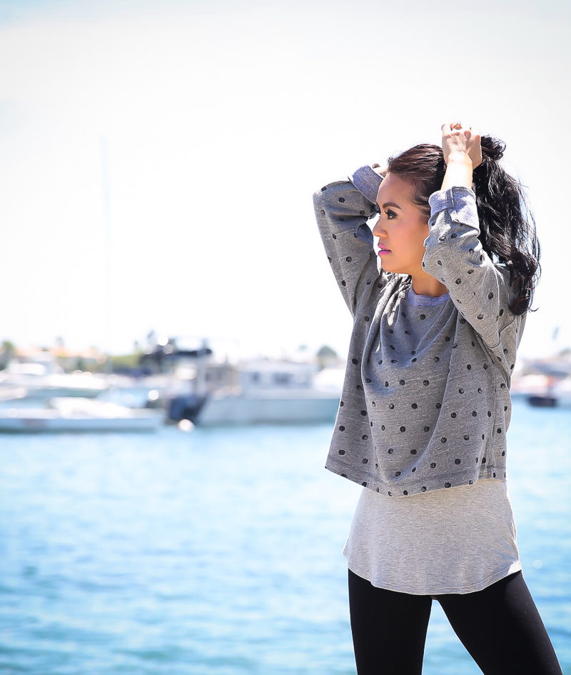 dot sweatshirt ribbed tank cropped black leggings adidas sneakers