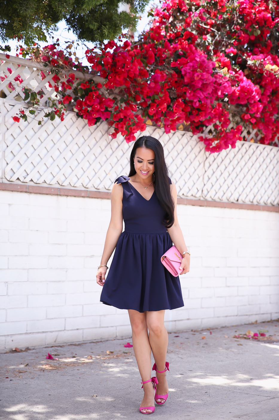 navy bow shoulder fit and flare dress pink bow heels ysl saint laurent wallet on chain WOC