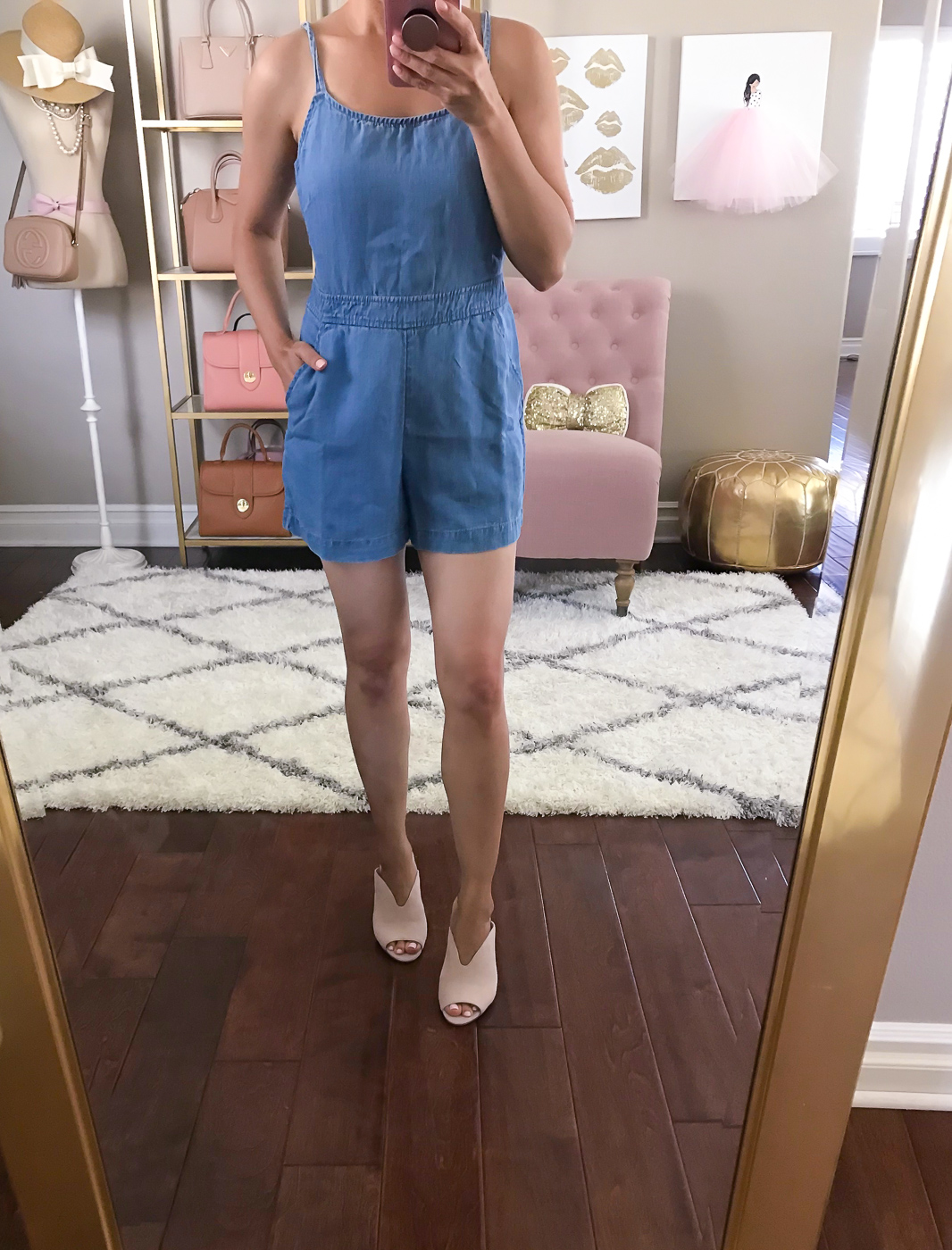 chambray romper petite summer outfit idea pink mules