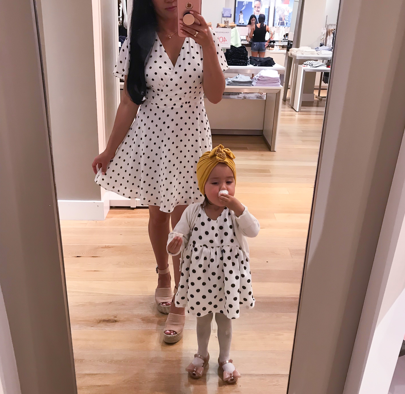 mommy and me polka dot outfit idea mustard turban bow shoes