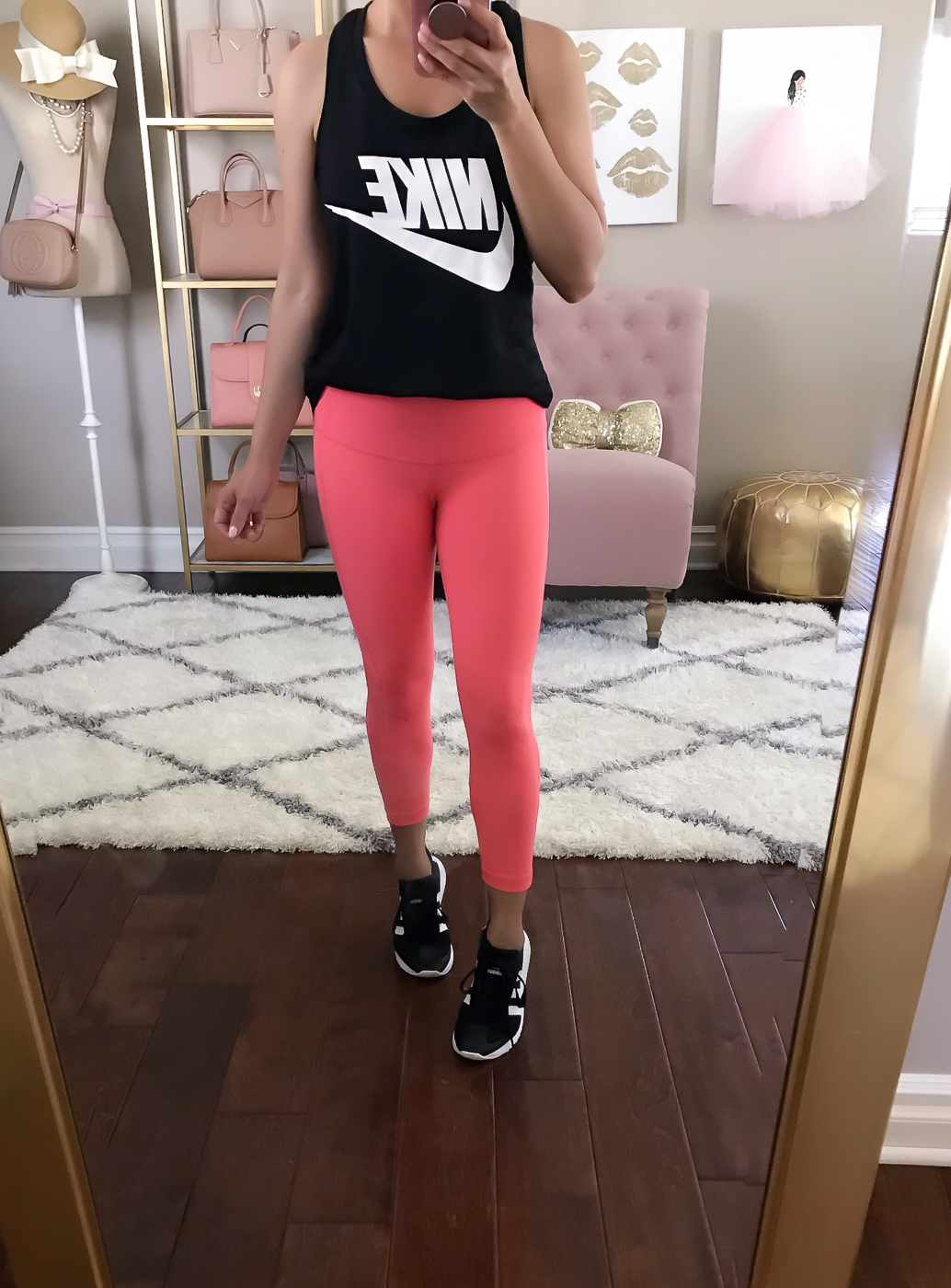 coral pink crop leggings adidas black sneakers nike logo tank athleisure activewear petite