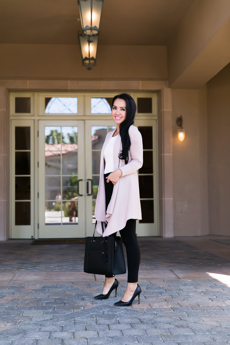 blush drapey cardigan ponte black pants bow sleeve sweater work outfit
