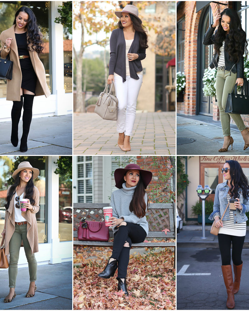 fall outfits camel coat olive jeans camel cardigan striped sweater otk boots