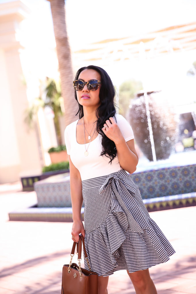 Petite Friendly Bodysuit | Ruffle Gingham Wrap Skirt | Stylish Petite