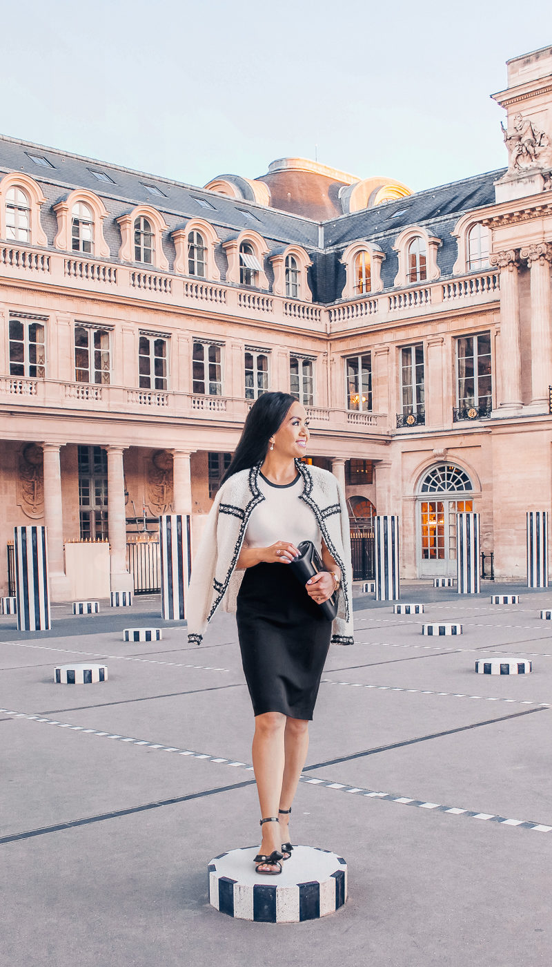 classy work outfit chanel tweed jacket dupe bow heels