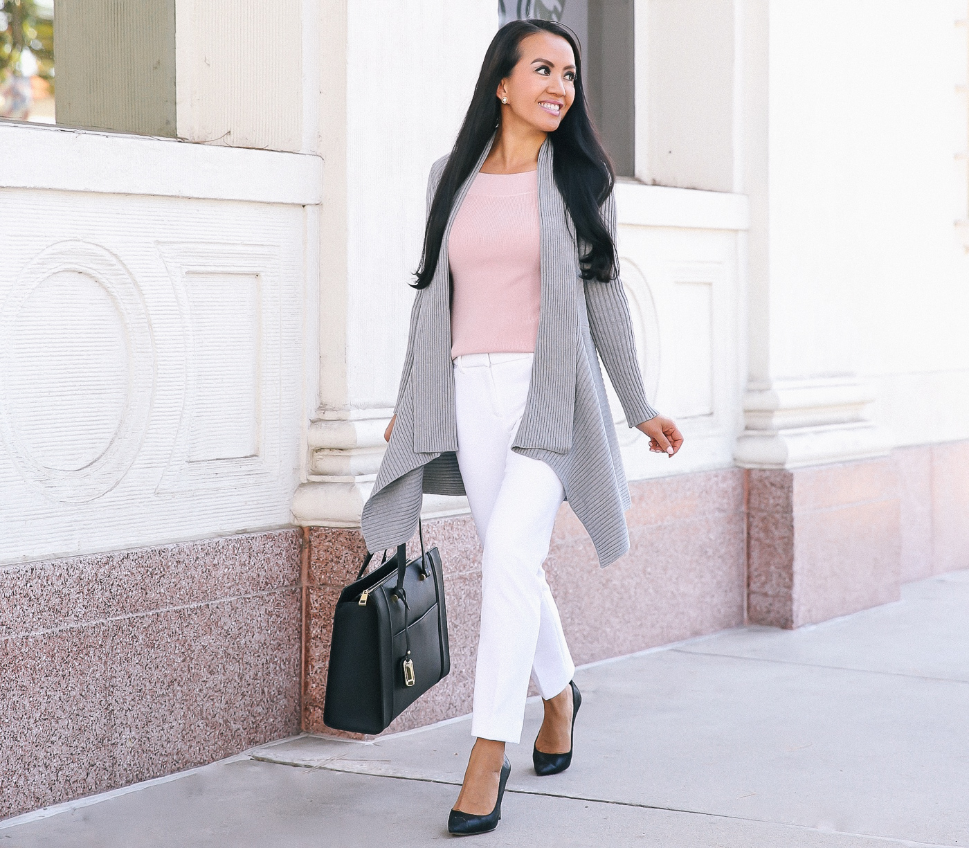 petite ankle work pants winter white work outfit idea gray drapey cardigan blush pink sweater