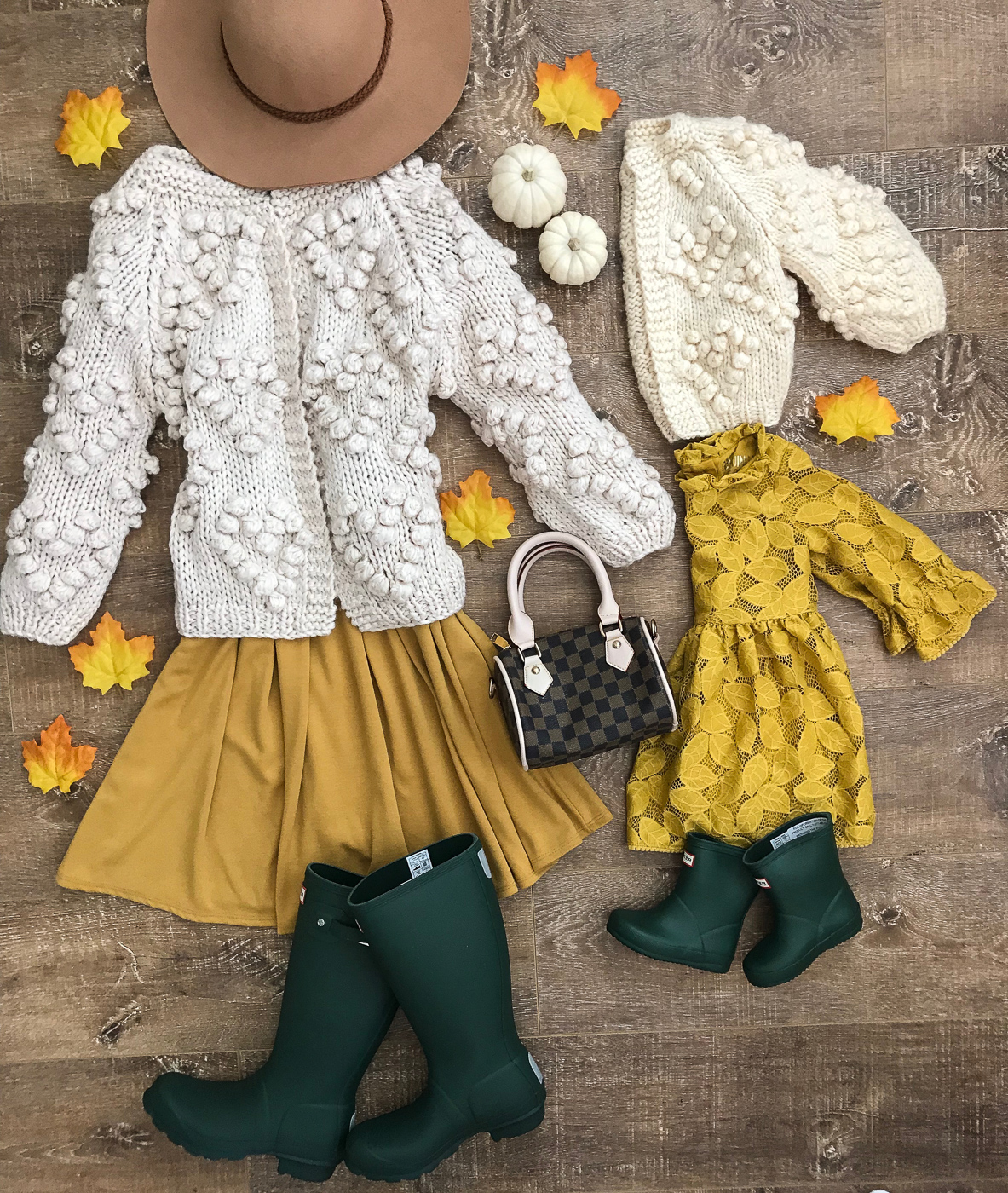 chunky knit cardigan mommy and me fall outfit idea green hunter boots mustard dress