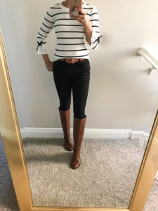 cognac riding boots striped bow trim sweater black petite jeans