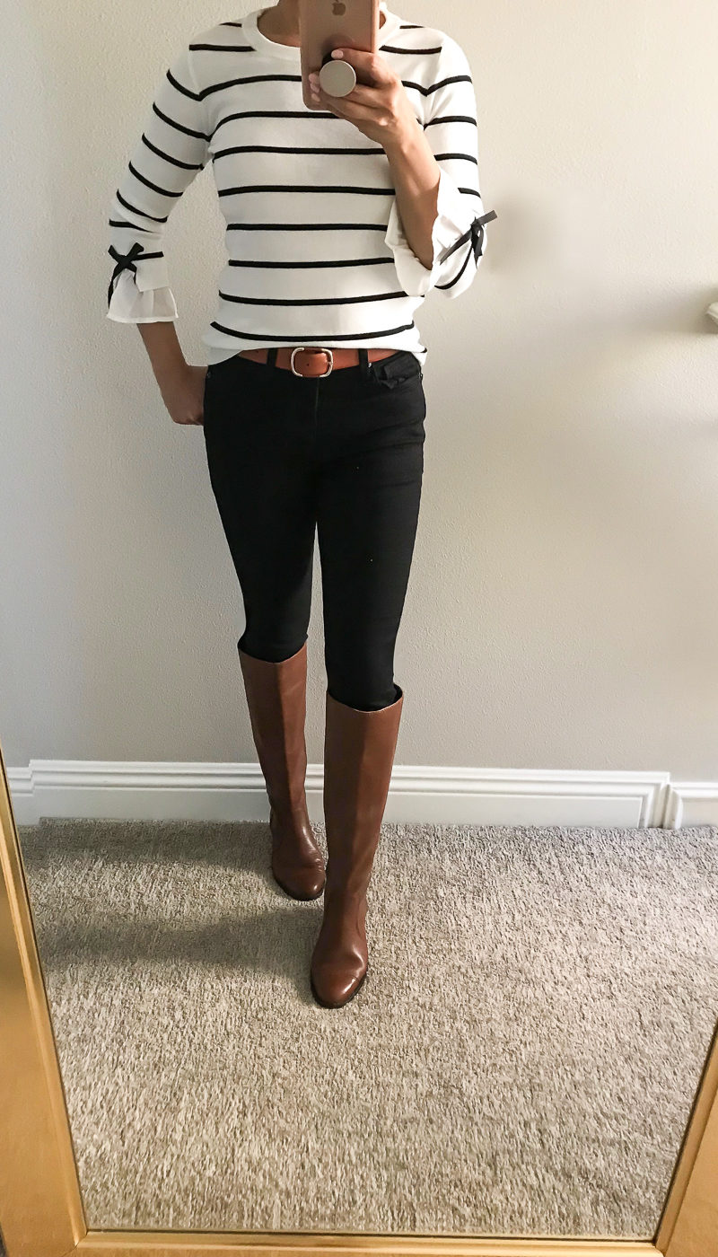 cognac riding boots striped bow trim sweater black petite jeans