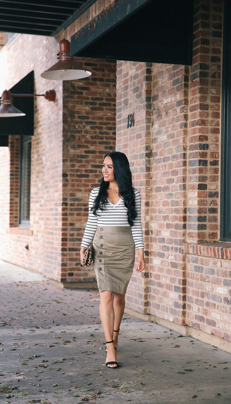 olive skirt striped sweater leopard clutch