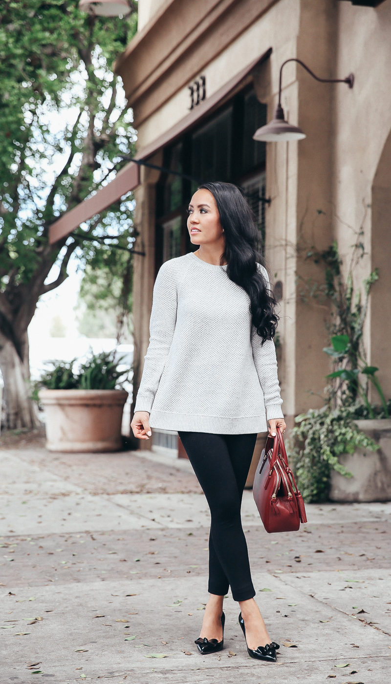 Loft gray sweater black pants bow pumps
