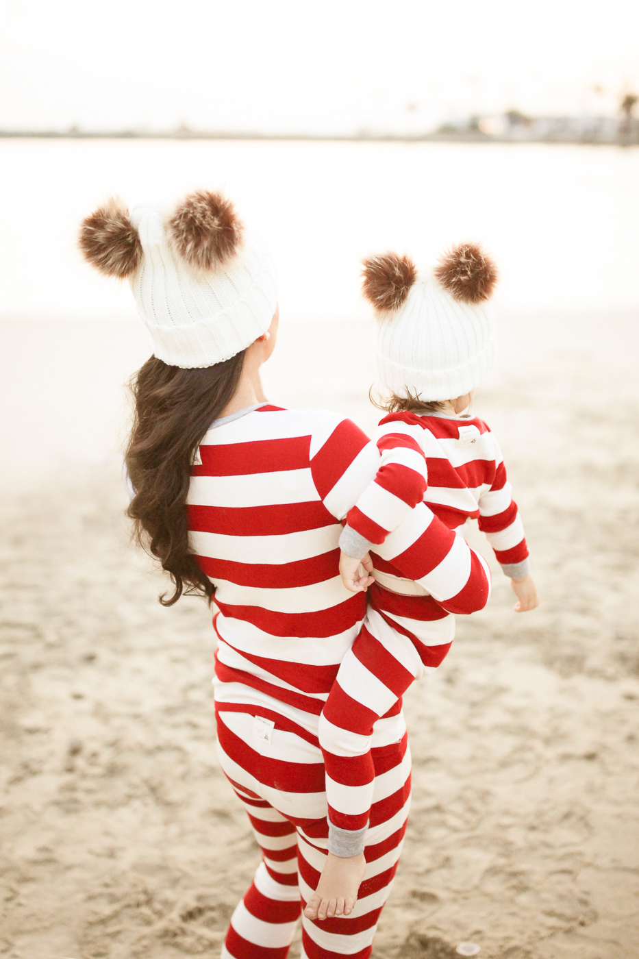 Mommy and Me matching Christmas pajamas pom pom hats