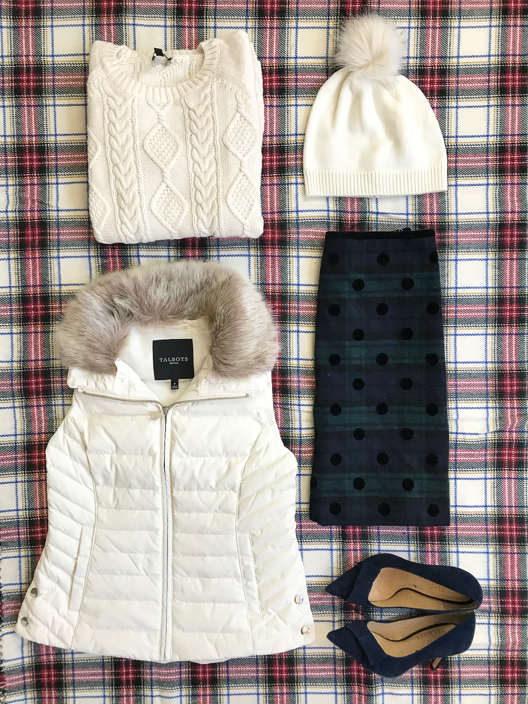 black watch plaid polka dot skirt cable knit sweater puffer vest navy bow pumps