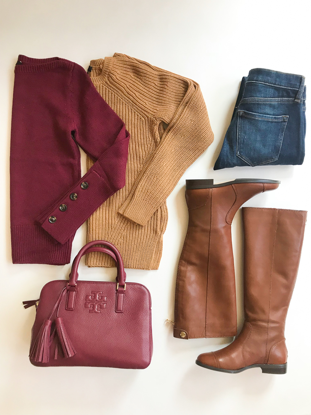 burgundy sweater camel sweater cognac boots burgundy bag petite jeans