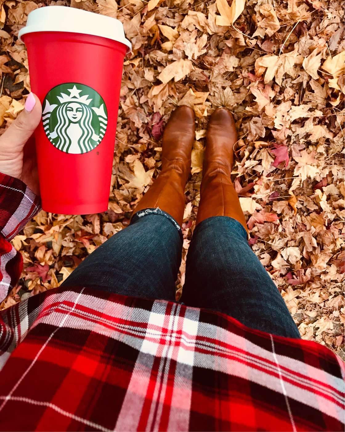 red starbucks cup red plaid shirt cognac boots fall outfit