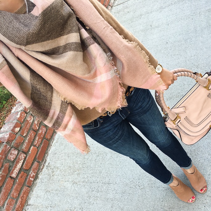 pink plaid blanket scarf petite jeans chloe marcie satchel fall outfit camel sweater