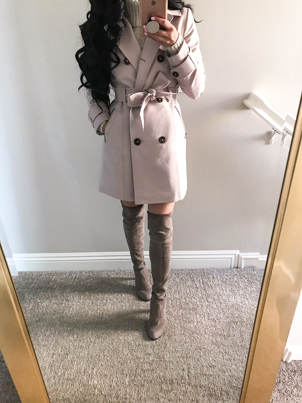 blush pink trench coat jacket over the knee boots for small thin calves