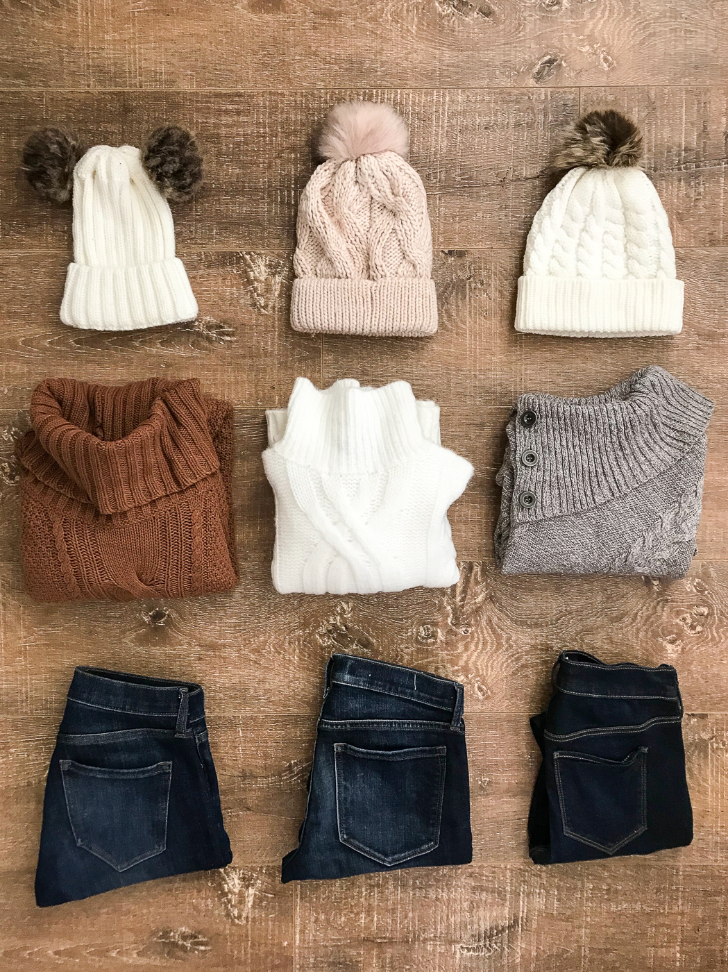 cable knit hats chunky sweaters petite denim jeans flatlay