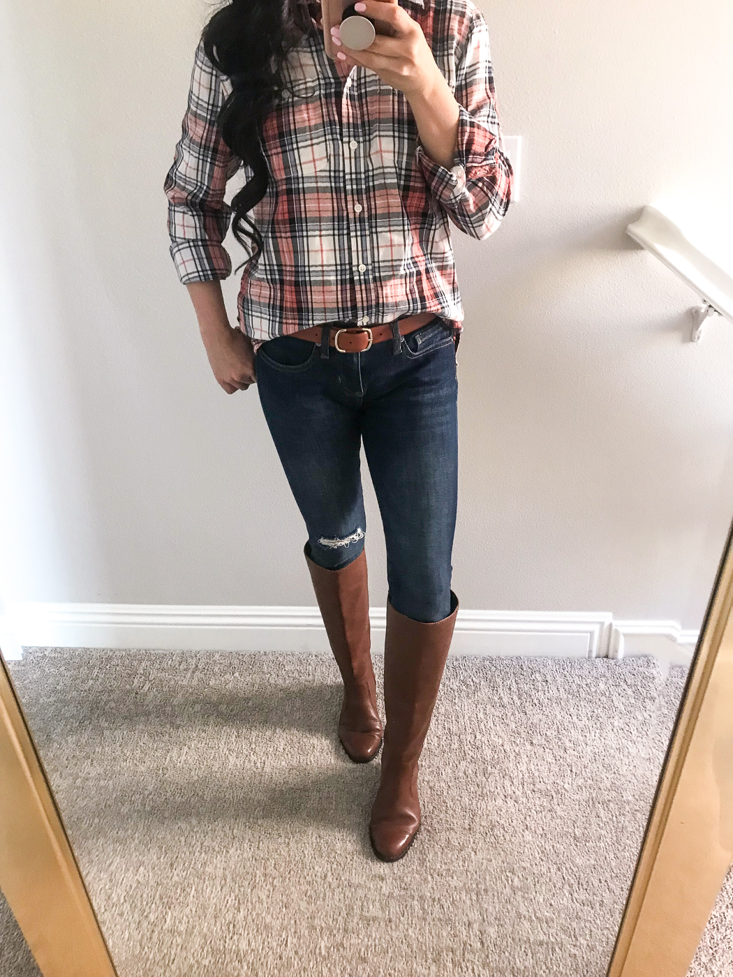 petite plaid shirt skinny jeans cognac riding boots holiday casual outfit