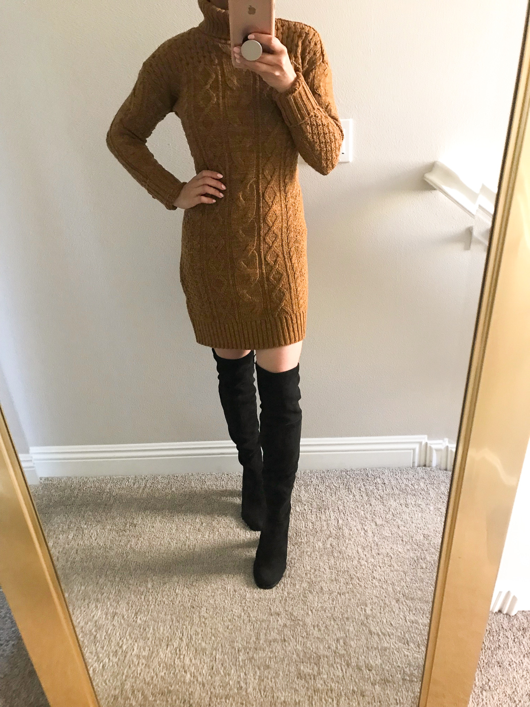 cable knit turtleneck sweater dress black over the knee OTK boots
