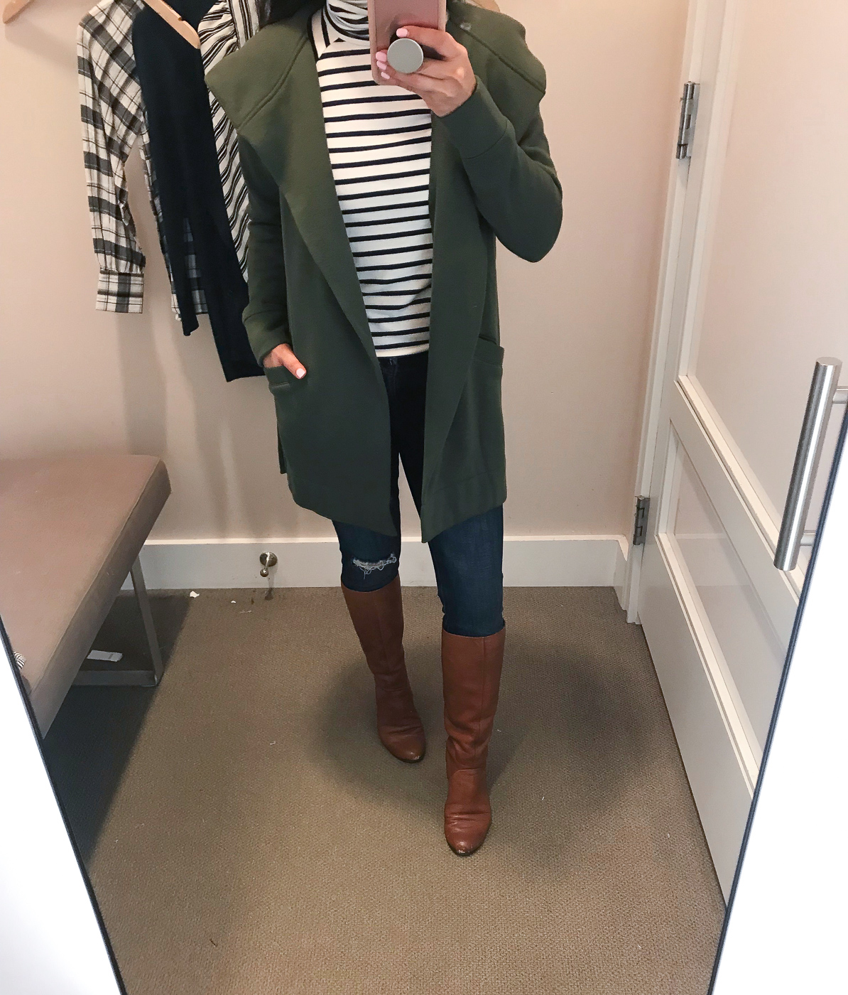 striped turtleneck olive green cardigan cognac boots casual outfit