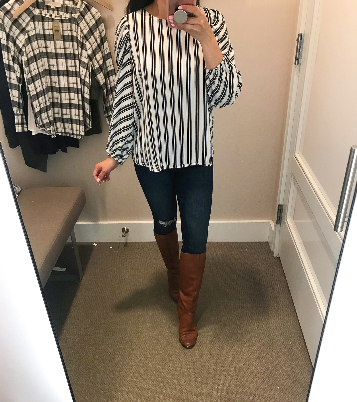 striped blouse petite loft fitting room review cognac boots
