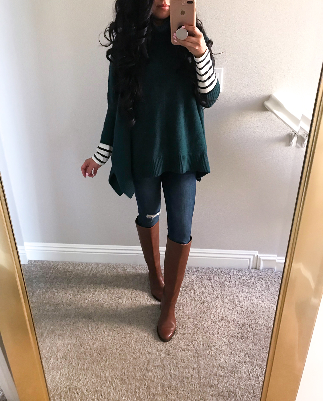 petite poncho striped shirt cognac riding boots petite jeans fall outfit