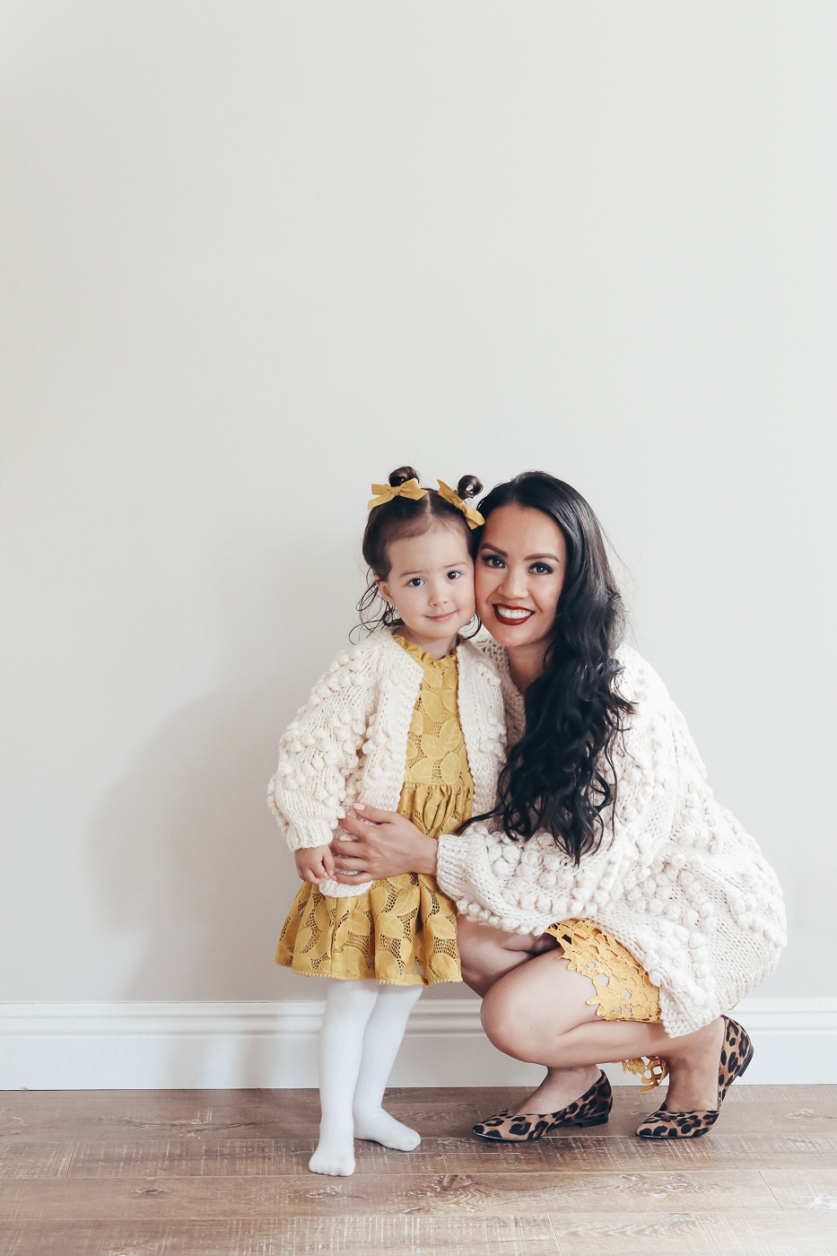 mommy and me matching cardigans mustard lace dress leopard flats