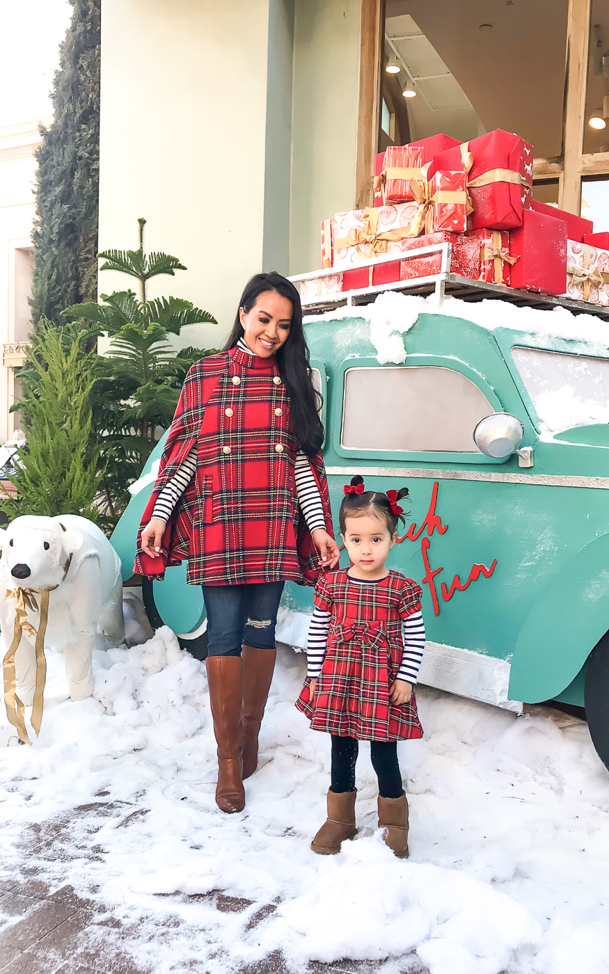 mommy and me red plaid cape dress striped shirt outfit idea
