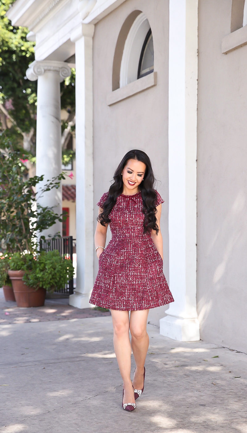 holiday outfit burgundy tweed dress bow pumps