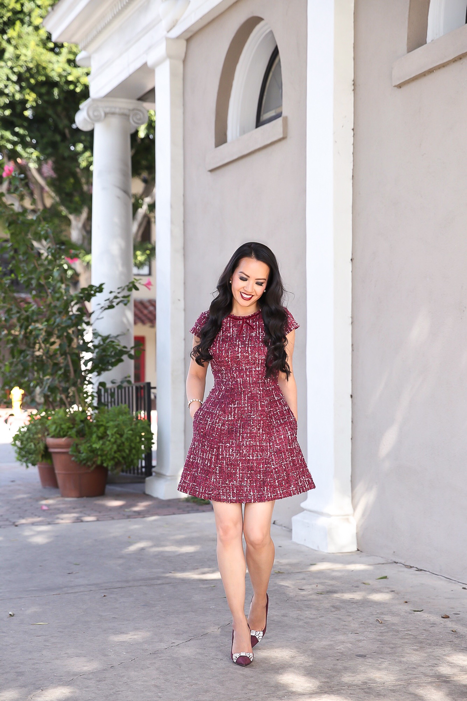 holiday outfit burgundy tweed dress bow pumps