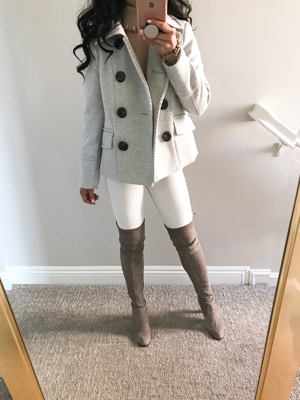 gray peacoat white jeans gray over the knee boots winter outfit idea