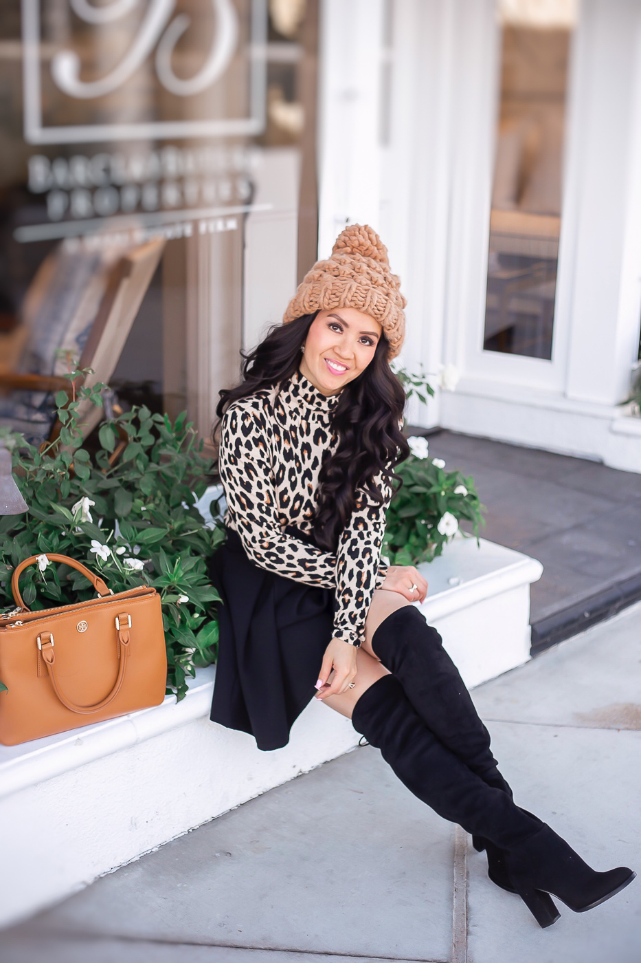 leopard top pleated bow skirt black over the knee boots pom beanie