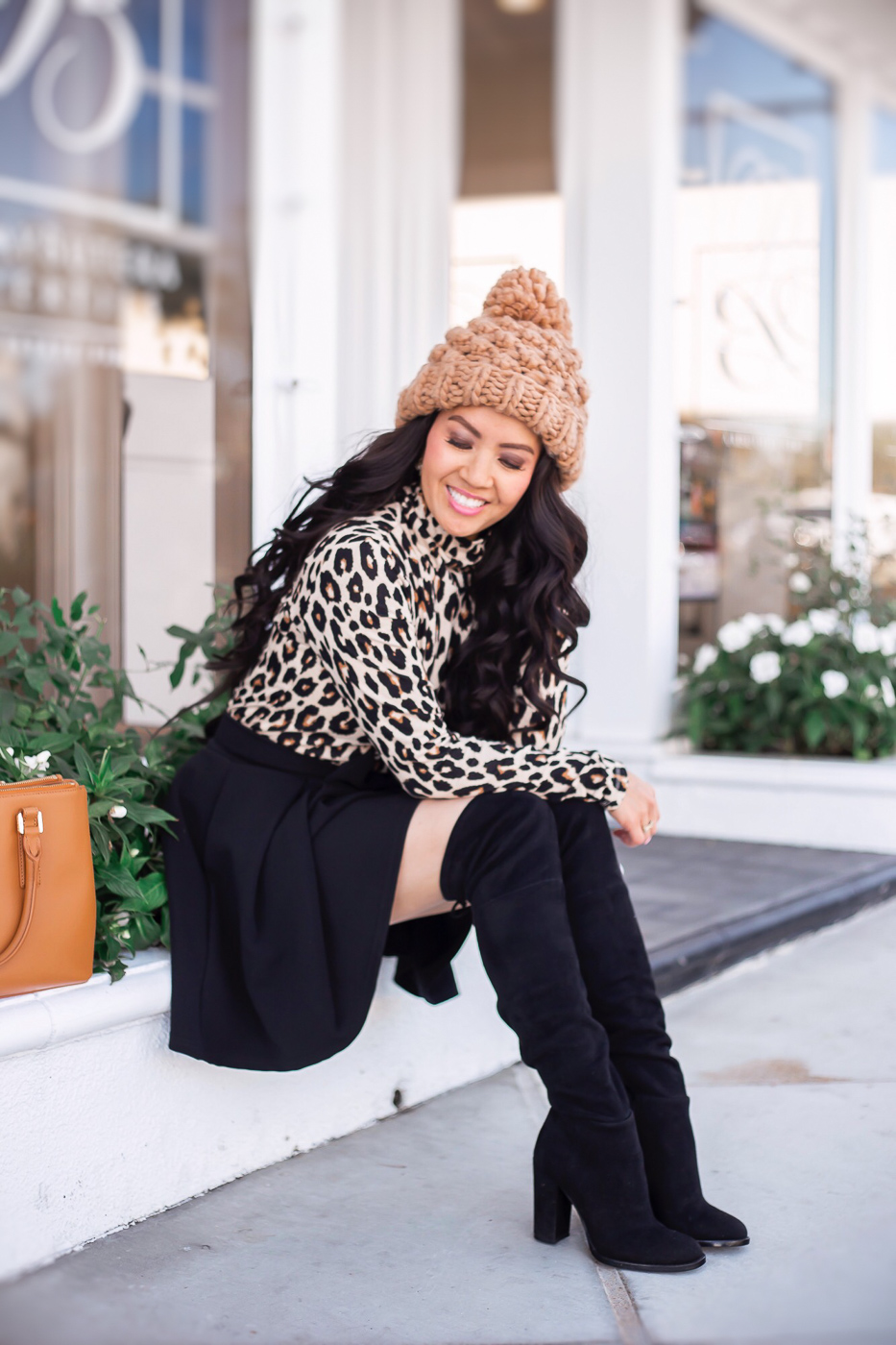 leopard top pleated bow skirt black over the knee boots pom beanie