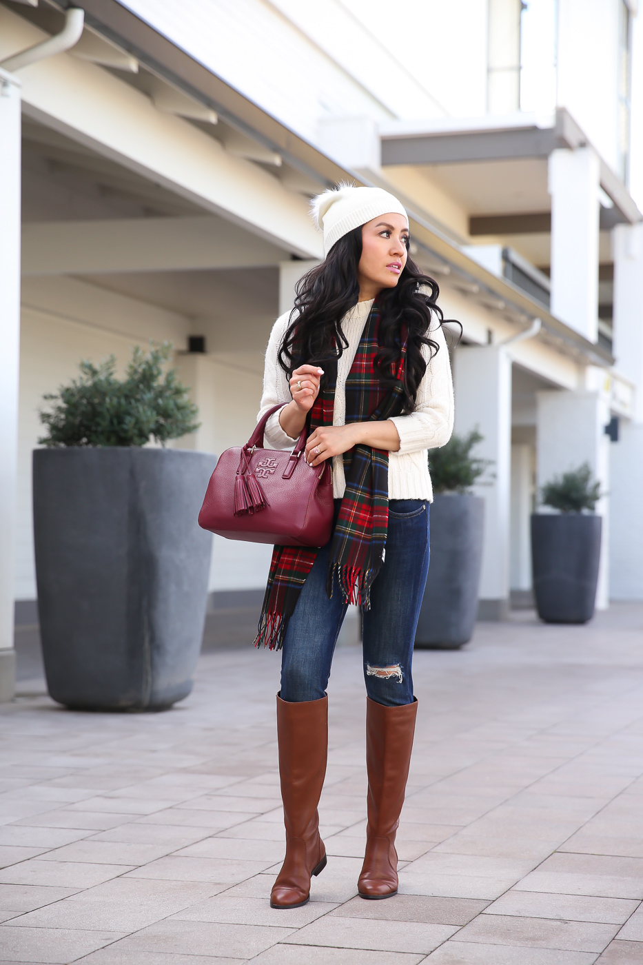 Winter holiday outfit plaid scarf cognac boots chunky sweate