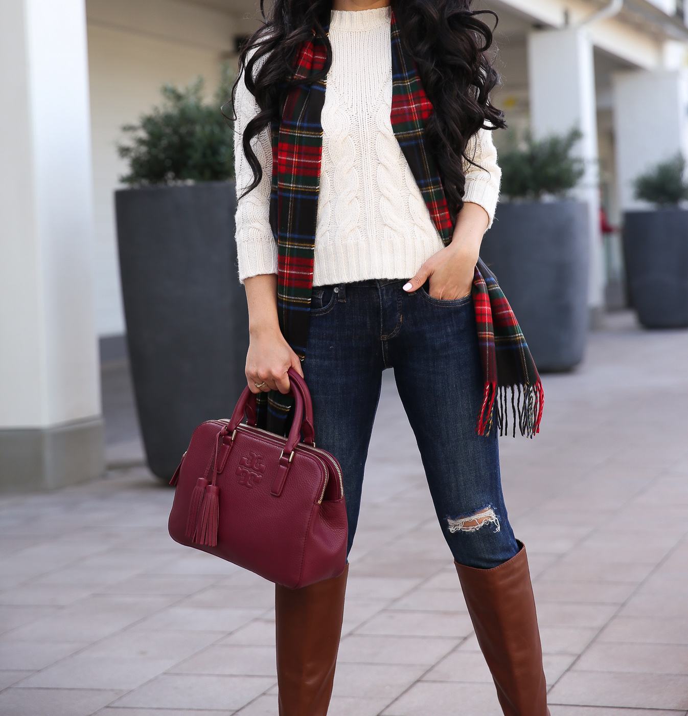 Winter holiday outfit plaid scarf cognac boots chunky sweate