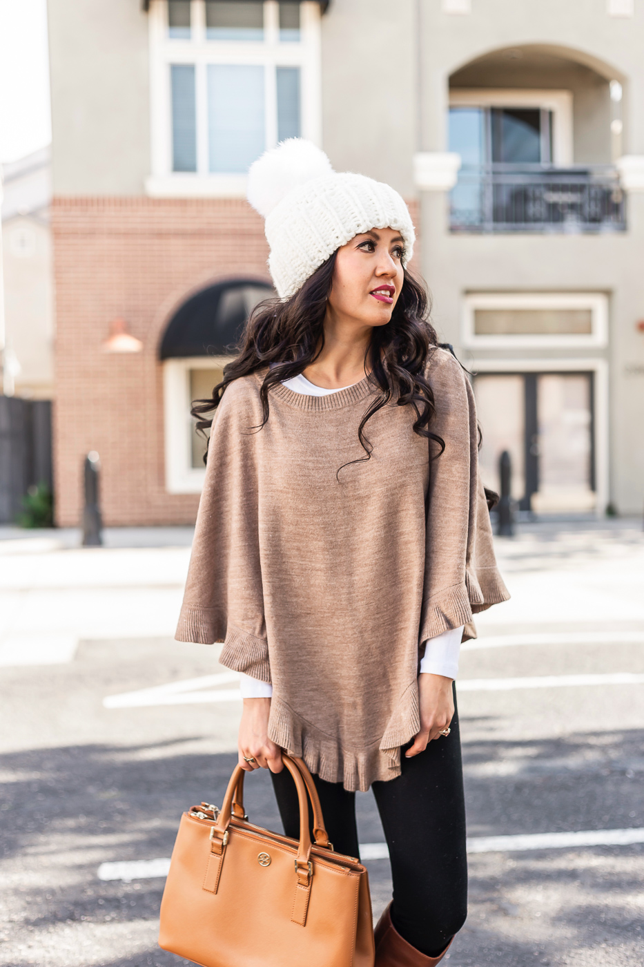 petite ruffled poncho cognac boots casual winter outfit pom pom beanie