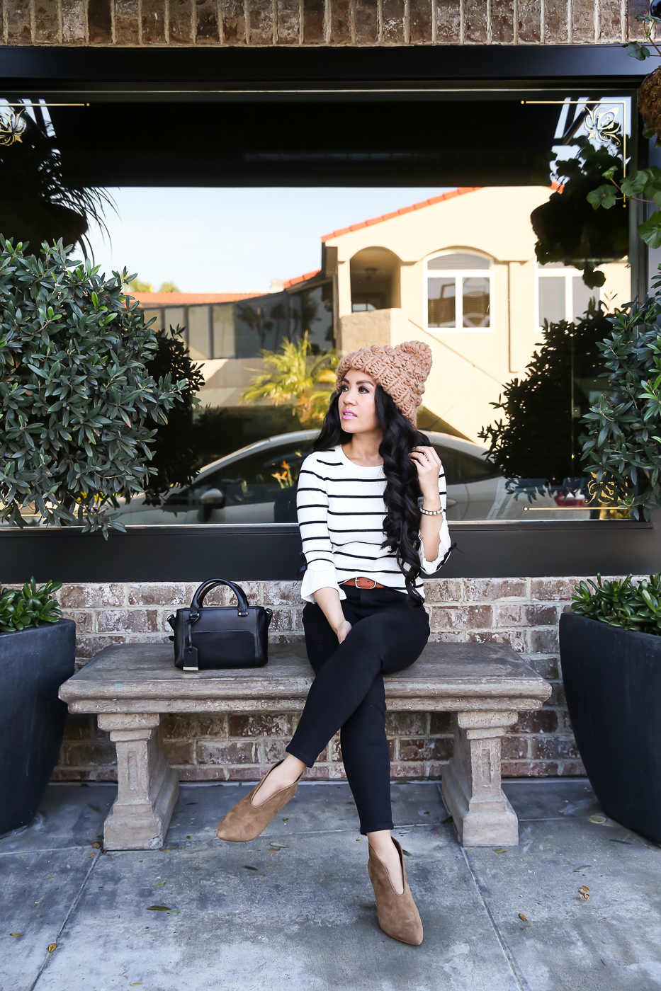 petite black jeans striped sweater chunky knit beanie ankle bootie