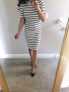 striped t-shirt dress black suede pumps