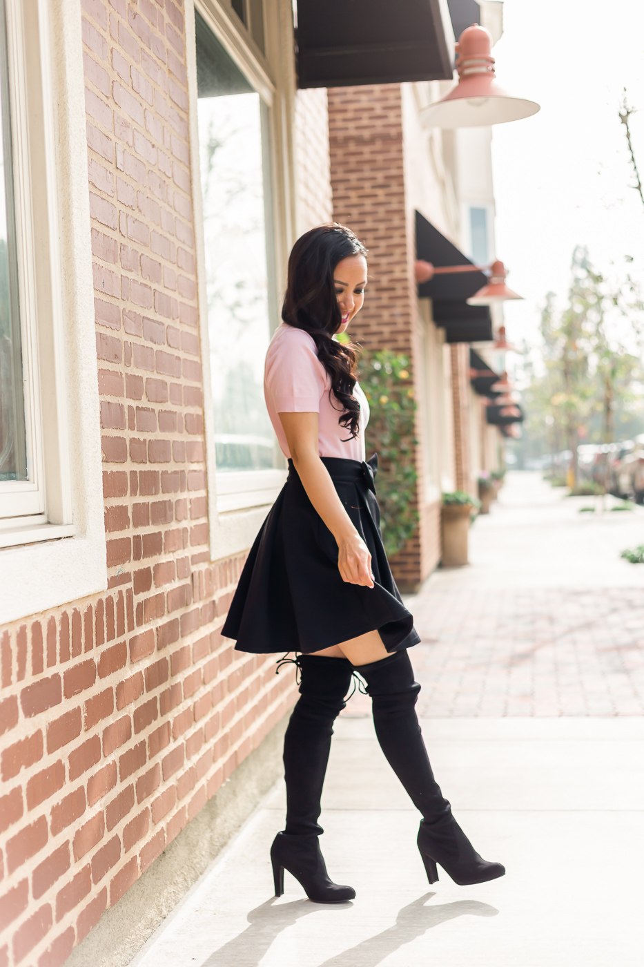 pink bow neck sweater black bow skirt over the knee boots