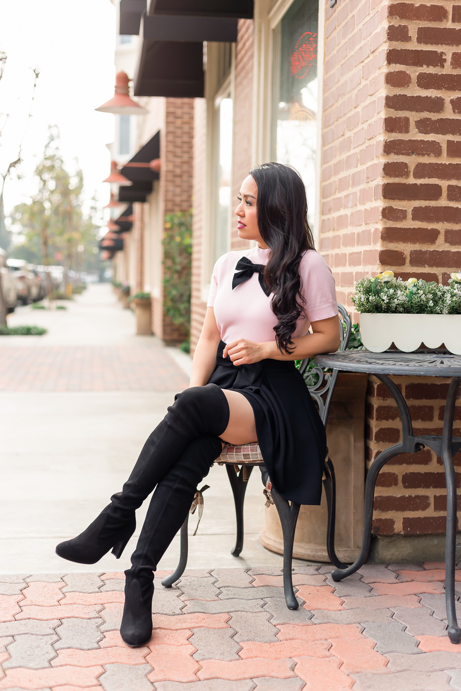 pink bow neck sweater black bow skirt over the knee boots