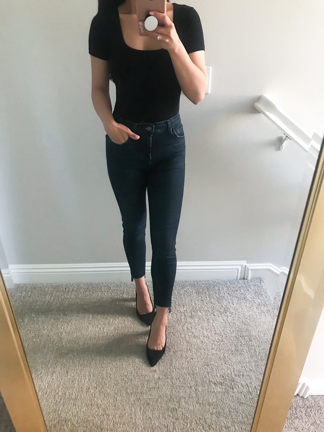 black bodysuit dark jeans black pumps basics