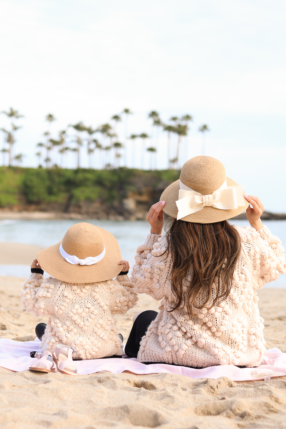 mommy and me matching pom pom cream ivory cardigan sweaters bow sunhats