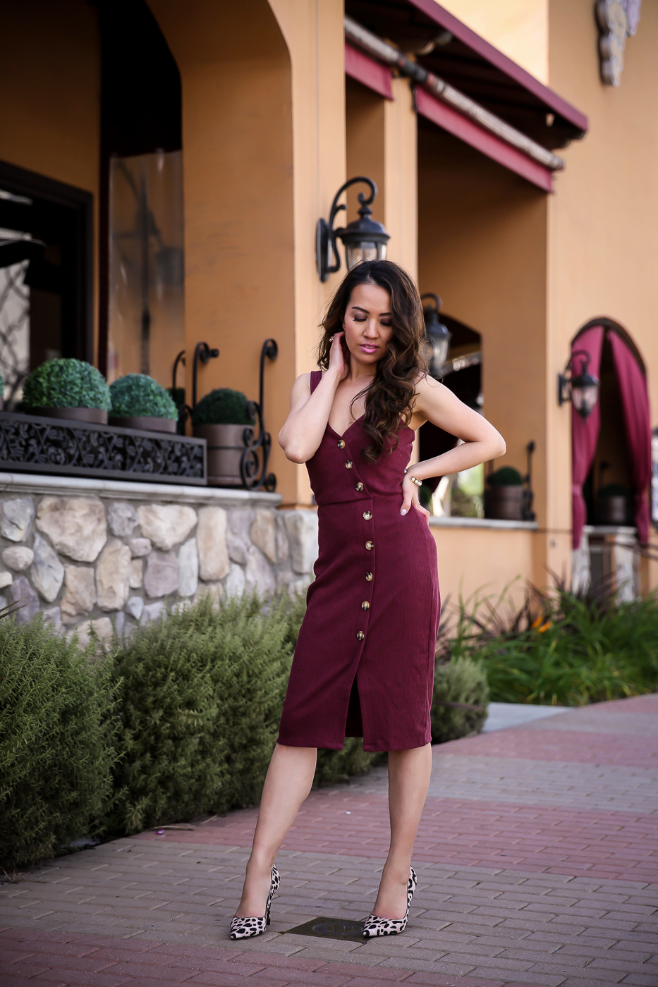 burgundy button dress leopard pumps spring outfit