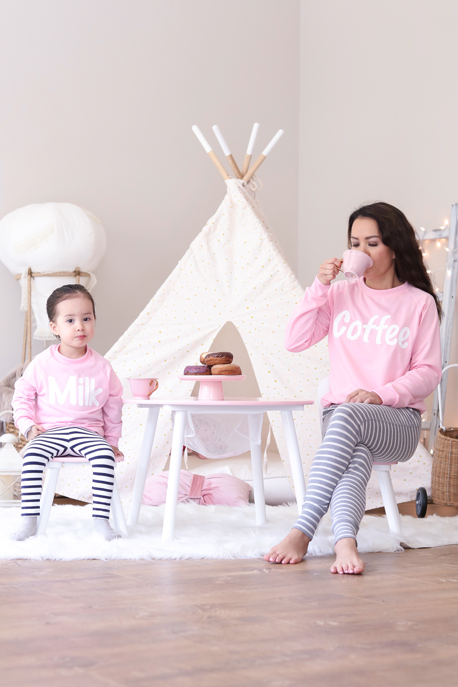 milk coffee pink sweatshirts mommy and me matching outfits striped pants