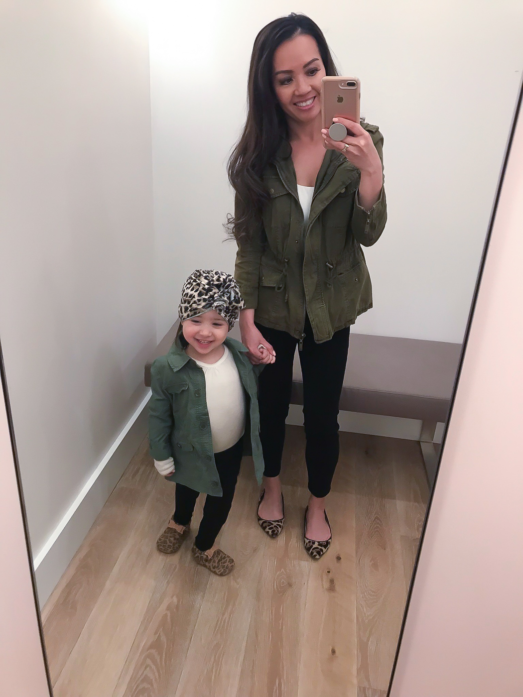 mommy and me matching utility jackets black jeans spring outfit